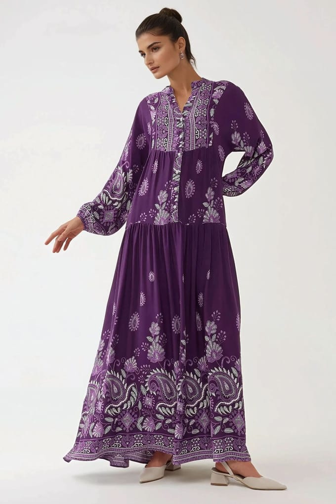 Gedrukte Lange Mouwen Viscose Maxi Jurk