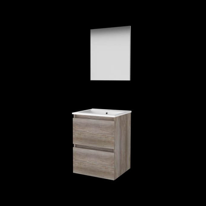 Basic-Line Basic 46 Badkamermeubelset - 50 x 46 cm - Greeploos - 2 Lades - Keramische Wastafel - 1 Kraangat - Spiegel - Scotch Oak