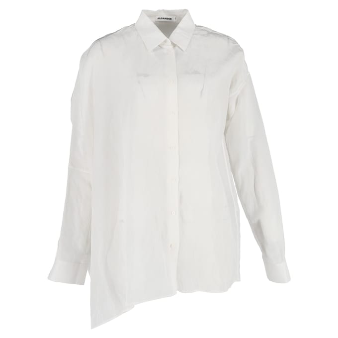 Asymmetrisch overhemd met knoopsluiting van Jil Sander in wit linnen.
