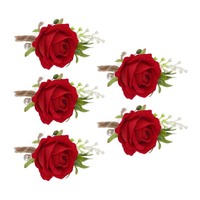 5 STuks Bruiloft Boutonnière Speld Vast Plastic Kunstbloem Corsage voor Bruid en Bruidegom Rood champagne