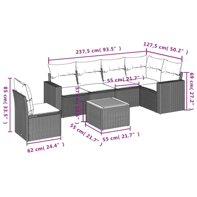 vidaXL - 7-delige - Loungeset - met - kussens - poly - rattan - zwart