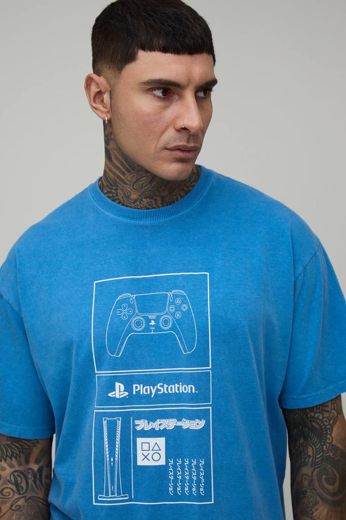 Tall Oversized PlayStation Licentie Gewassen Bedrukt T-Shirt | Blue | Size Medium