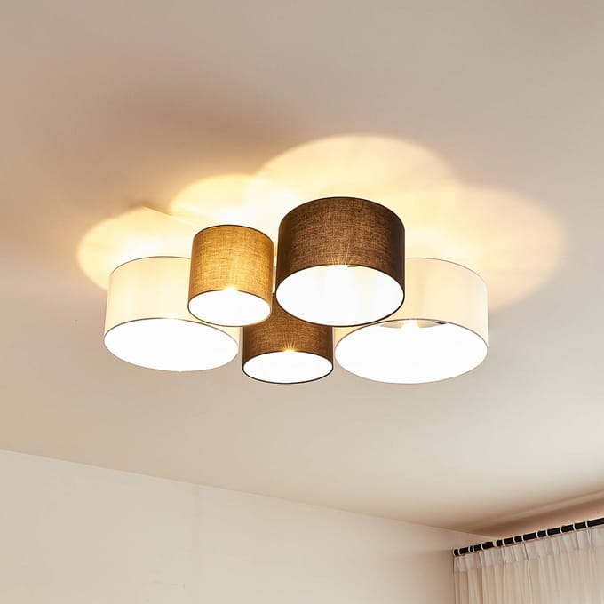 Lindby - plafondlamp - 5lichts - textiel, metaal - H: 21.5 cm - E27 - grijs, zwart, wit