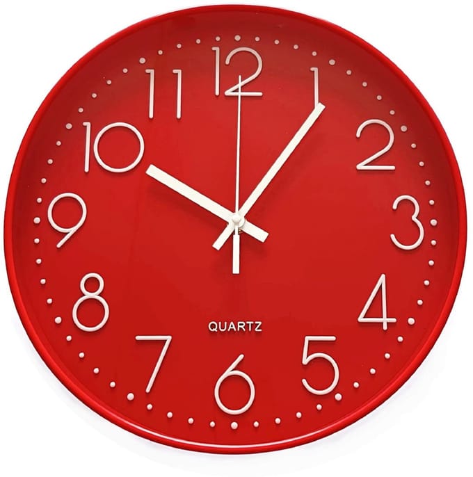 Moderne grote aantal ronde stille wandklok rood 12 Inch 30 cm.
