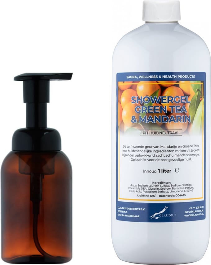 Zeepdispenser 300 ml amber bruin hervulbaar + 1 liter Showergel Green Tea & Mandarin navulling