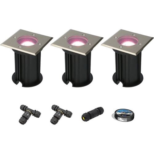Set van 3 Ramsay Smart Grondspots buiten - Vierkant - 5,5W 400lm - RGBWW - Wifi + Bluetooth - Bestuurbaar via app - IP67 - Google Home - Amazon Alexa - RVS - Inclusief installatiemateriaal (Kabel & connector)