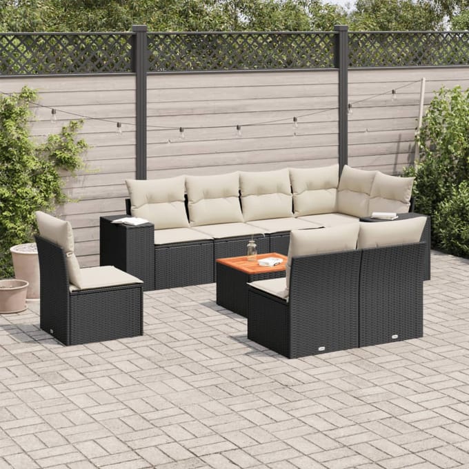 vidaXL - 9-delige - Loungeset - met - kussens - poly - rattan - zwart