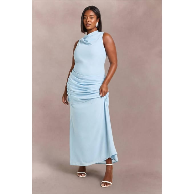 boohoo Dames Plus Maxi Jurk Met Watervalhals En Gedrapeerde Rok | Babyblauw | Maat: 52