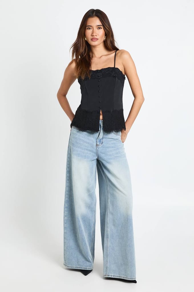 boohoo Dames Satijn-Kant Mix Cami met knoopsluiting | Black | Maat: 6