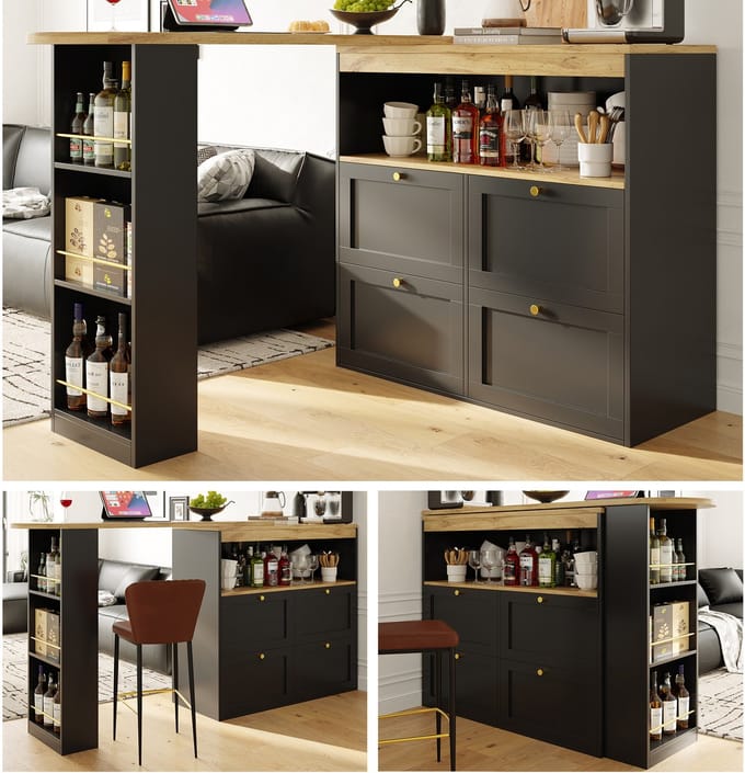 Draaibare Bartafel 105 x 39 x 102 cm - Met 4 Lades en Open Opbergruimte - Multifunctioneel