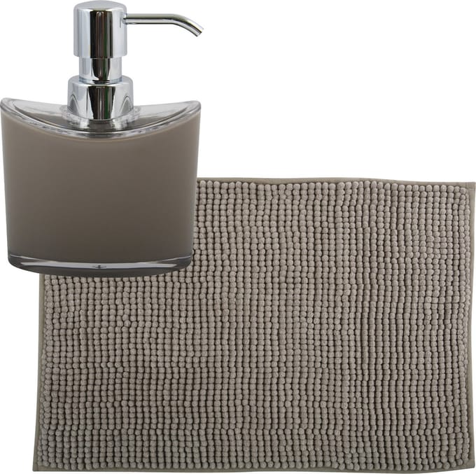 MSV badkamer droogloop mat/tapijtje - 50 x 80 cm - en zelfde kleur zeeppompje 260 ml - beige
