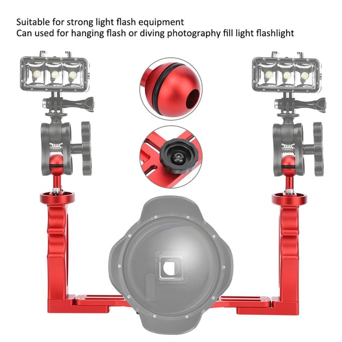 Support double poignée en métal pour lampe de poche de plongée et caméra de sport sous-marine red