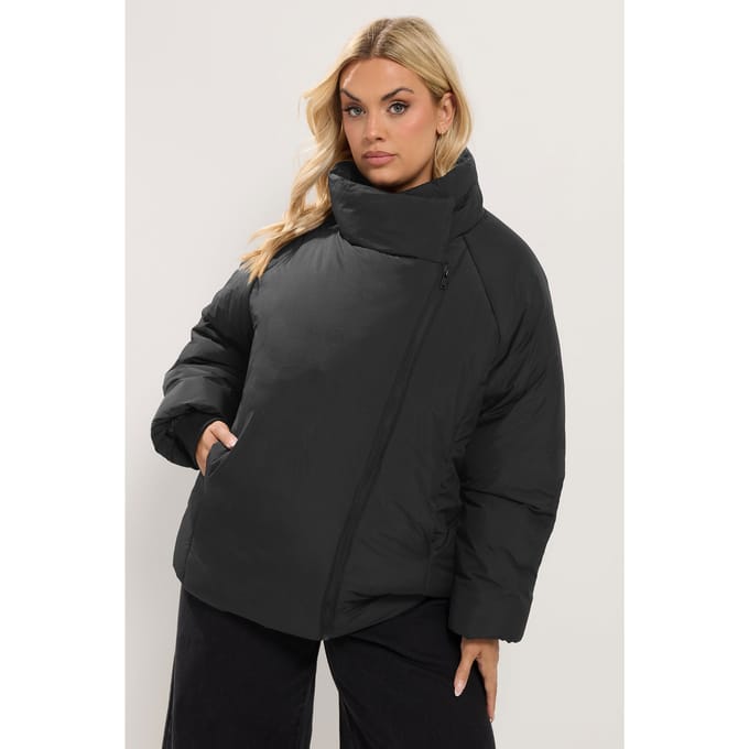 Yours Zwarte Gewatteerde Jas Met Asymmetrische Rits Size 44
