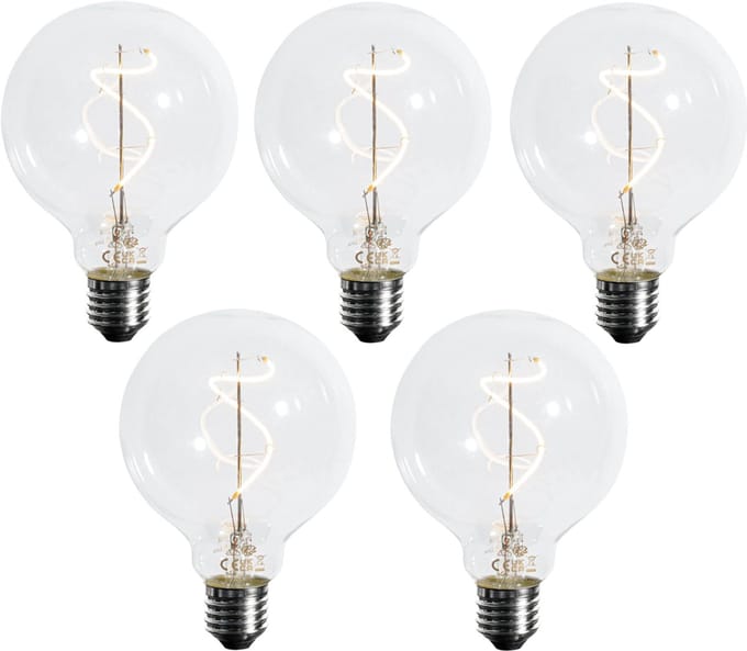 LUEDD Set van 5 E27 dimbare LED spiraal filament G95 4W 270 lm 2700K
