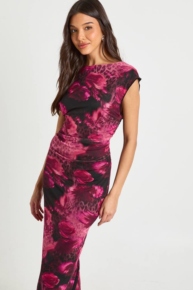 boohoo Dames Gemixte Bloemenprint Geplooide Taille Mesh Maxi Jurk | Pink | Maat: 6