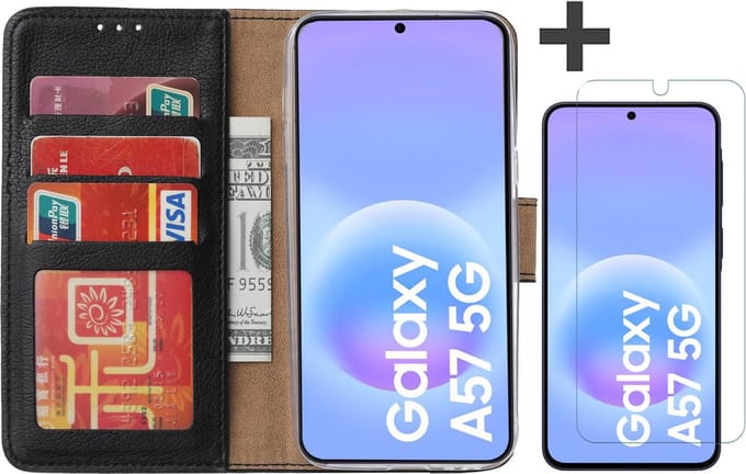 Hoesje met Screenprotector Geschikt voor Samsung Galaxy A57 – Arara bookcase met pasjeshouder - Zwart