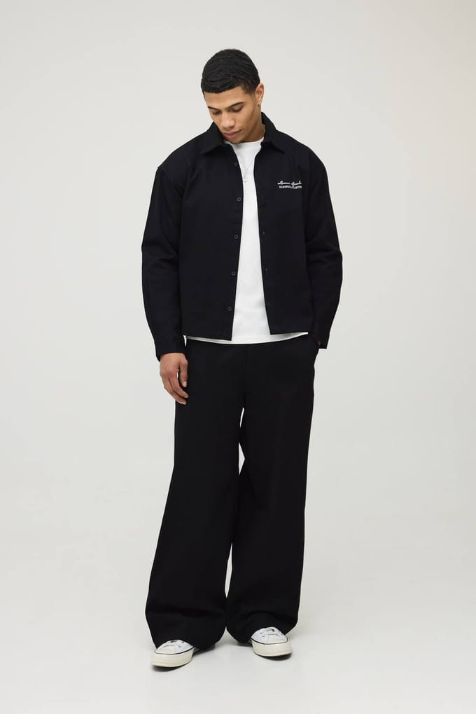 Soft Twill Embroidered Oversized Shirt & Baggy Trouser Set | Black | Size Medium