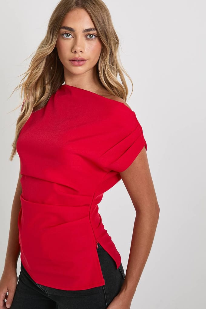 boohoo Dames Geweven top met een schouder en langwerpige snit | Red | Maat: 6