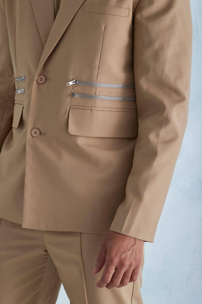Oversized Boxy Zip Suit Jacket | Camel | Size 48