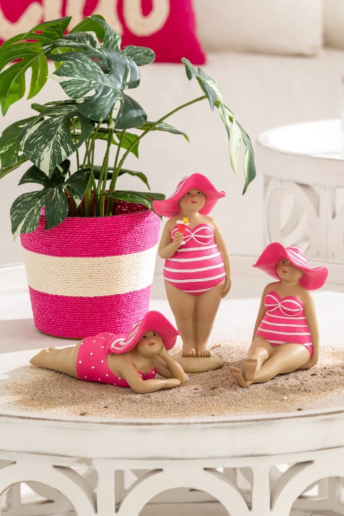 J-Line figuur Stranddame Hoed - polyresin - roze - 3 stuks