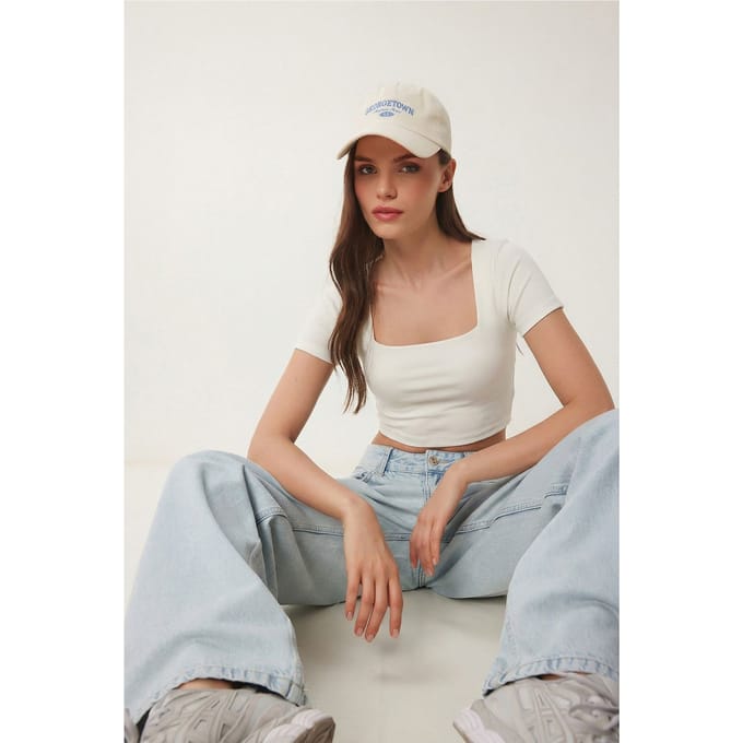 Slim Fit Vierkante Kraag Gebreide Crop Blouse