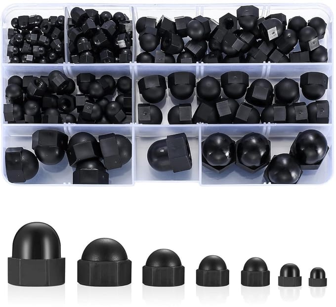 Complete Set van 165 Stuks Zwarte Nylon Hoedmoeren M3-M12, Hexagonaal, Coarse, Industrieel Gebruik