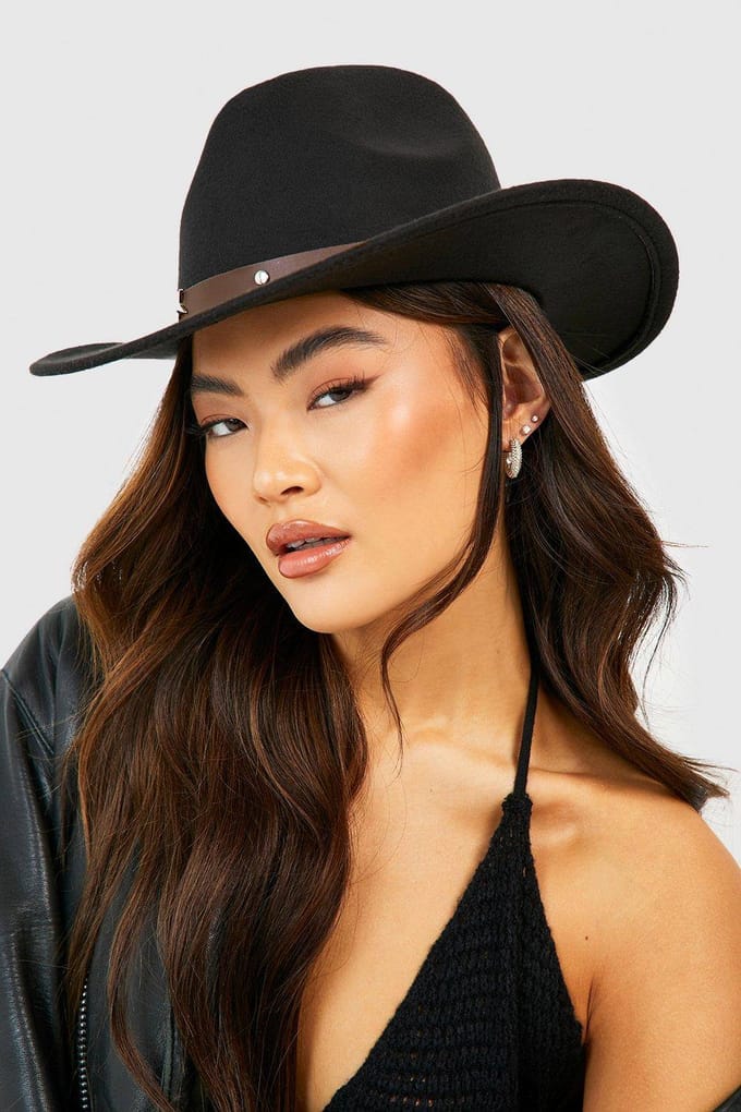 boohoo Dames Black Star Studded Trim Western Cowboy Hat
