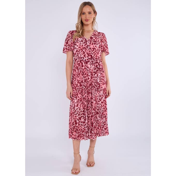 Roze dierenprint geplooide midi-jurk