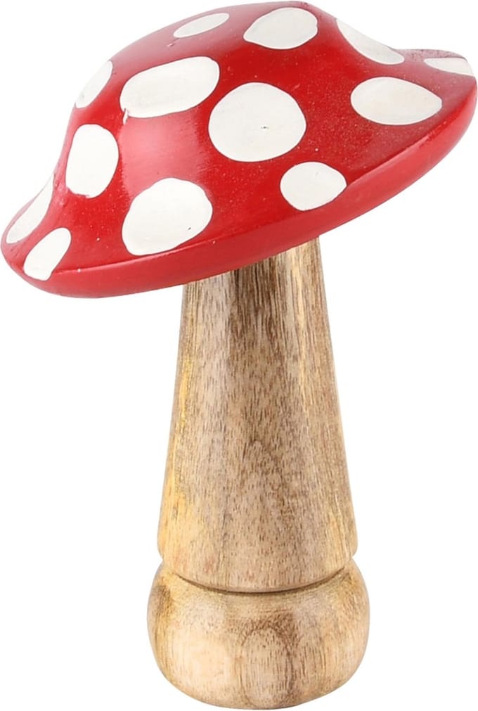 Dekoratief | Paddenstoel m/stippen, rood/wit/naturel, hout, 9x9x15cm | A238039