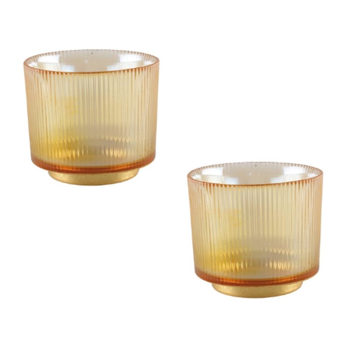 AULICA - Set Amber rib waxinelichtjeshouder - 10x10x10cm - Goud - Set 2 stuks