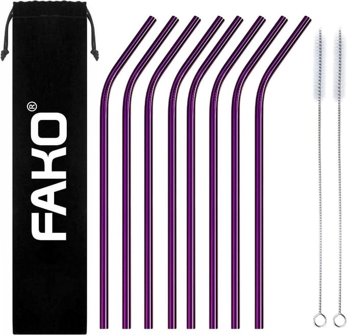 Fako Bijoux - RVS Rietjes - 8 Stuks - Gebogen - Herbruikbaar - 21 cm - 2 Schoonmaakborsteltjes - Paars
