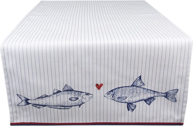 Clayre & Eef Tafelloper 50x140 cm Wit Blauw Katoen Vissen