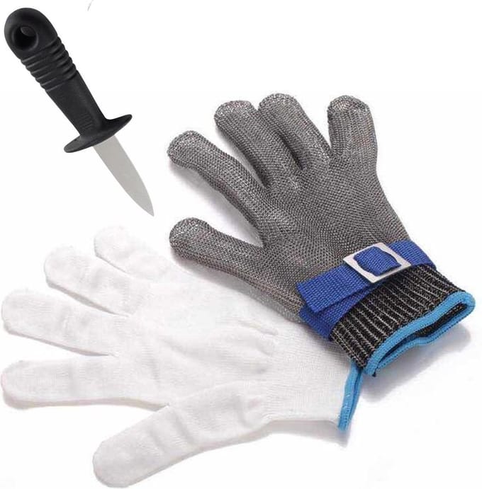 Oester handschoen maat S + oestermes | Snijwerende slagershandschoen 100% RVS