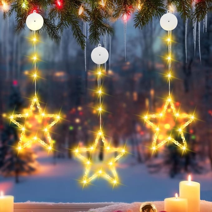 Set van 3 Kerststerraamverlichting Warm Wit met 8 Modi, Zuignappen en Timer, Sfeerverlichting, Raamdecoratie, Feestverlichting