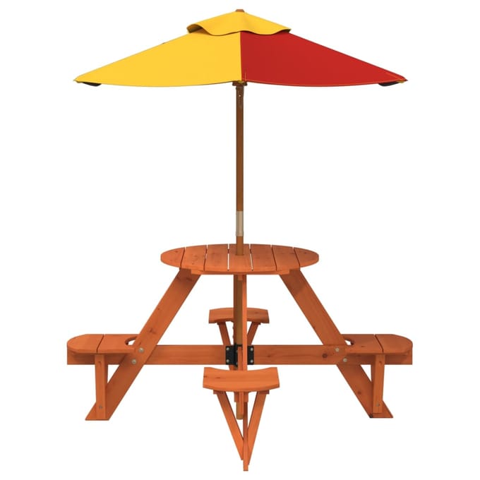 vidaXL - Picknicktafel - voor - 4 - kinderen - met - parasol - rond - vurenhout