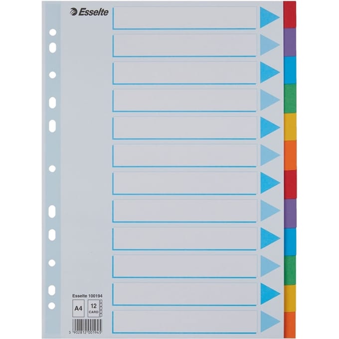 Tabbladen Esselte Standaard A4 12-delig karton 11-rings met voorblad assorti