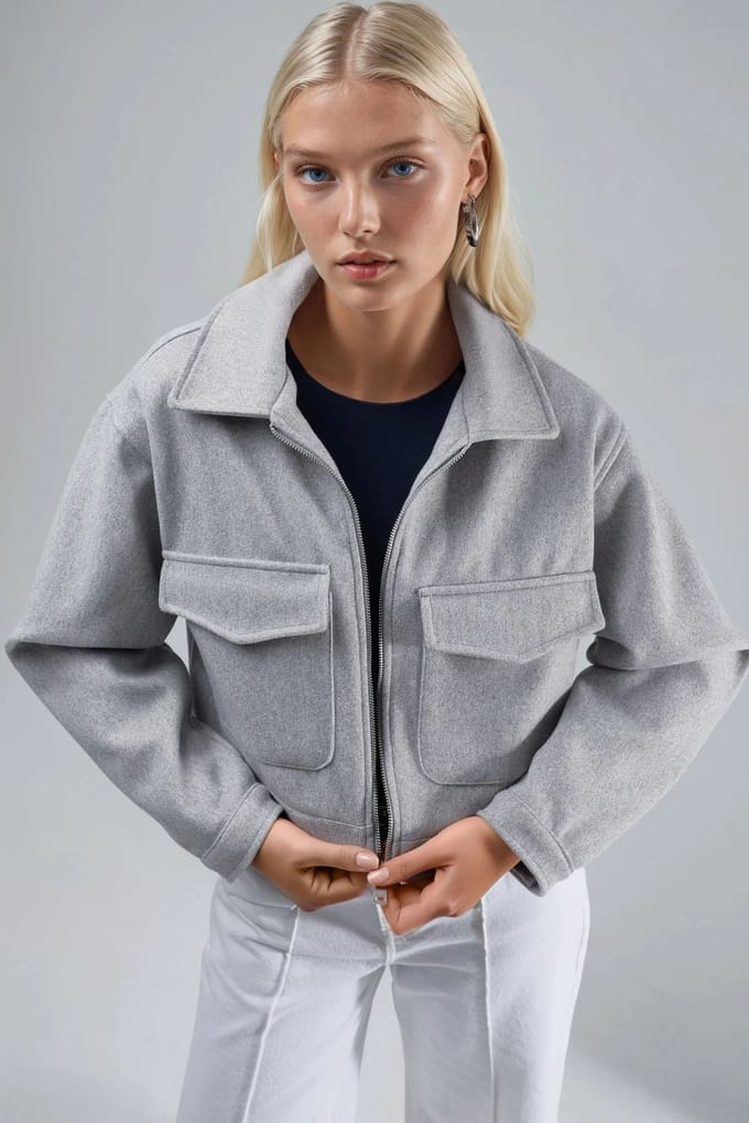 Crop Gabardine Jacket met Rits en Zak