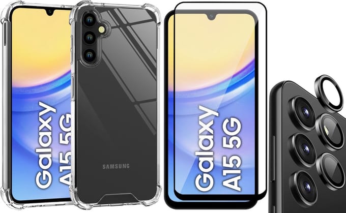 Hoesje geschikt voor Samsung Galaxy A15 - Screenprotector Volledig Dekkend Glas & Camera Protector - Shockproof Transparant