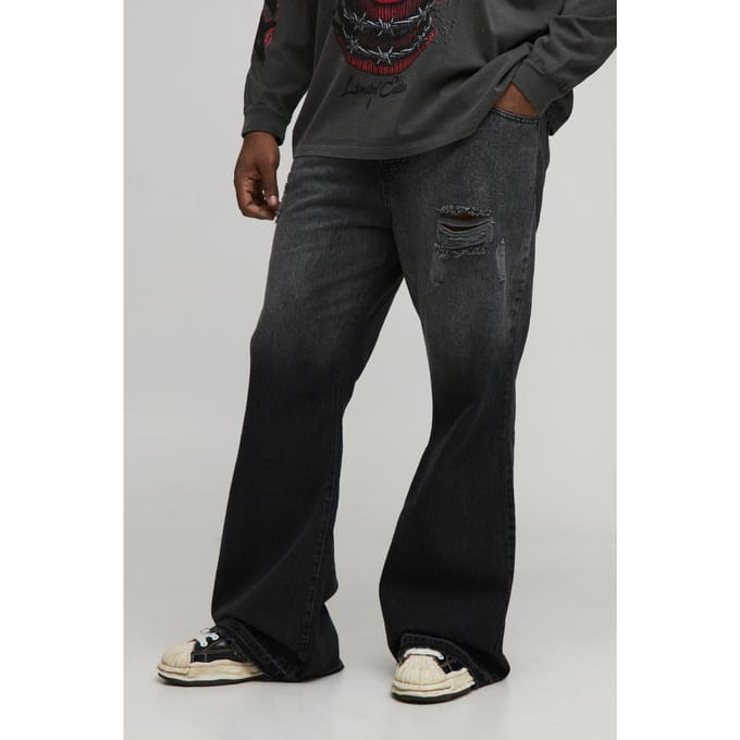 Plus Gescheurde Laaghangende Zoom Stijve Uitlopende Jeans | Washed Black | Size 42