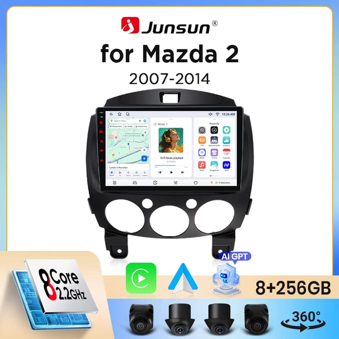 Junsun draadloze CarPlay Android Auto autoradio voor Mazda 2 Mk2 (DE) 2007-2014 met ingebouwde koelventilator, Android GPS navigatie, multimediaspeler, WiFi, DSP, RDS, BT, SWC, IPS touchscreen,