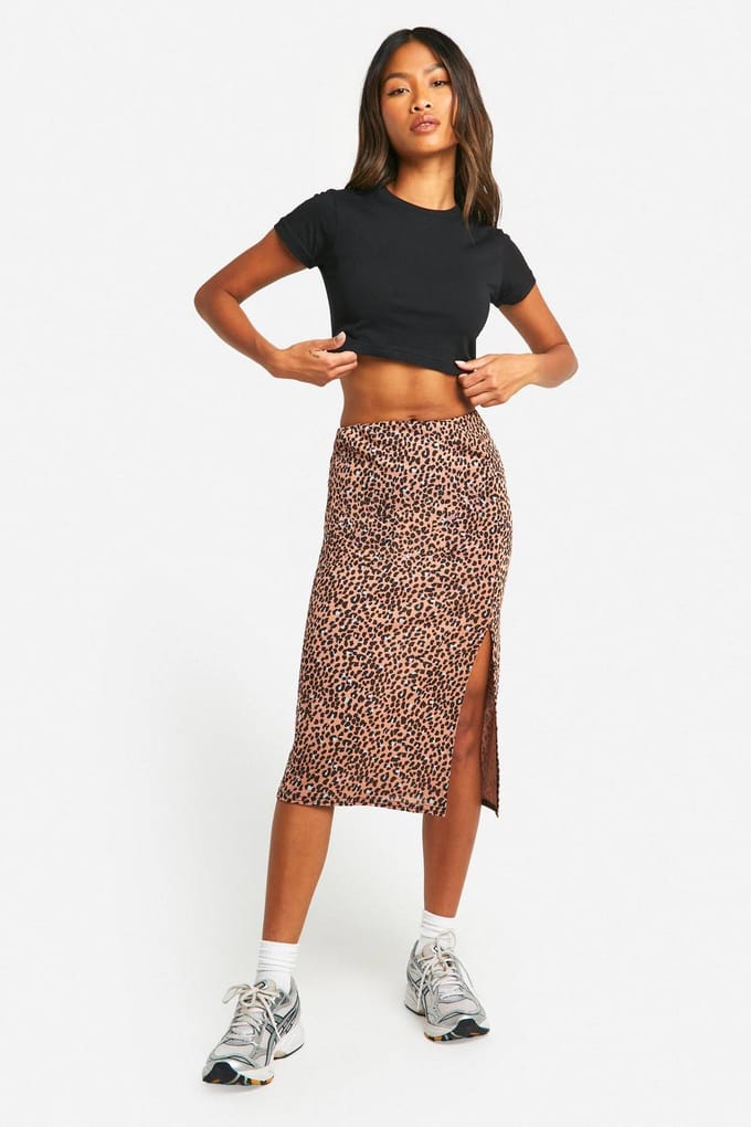 boohoo Dames Luipaardprint rib-midirok met zijsplit | Maat: 40
