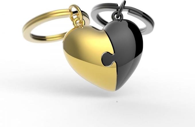 Metalmorphose dubbele sleutelhanger hart nikkel met goud Love Puzzle