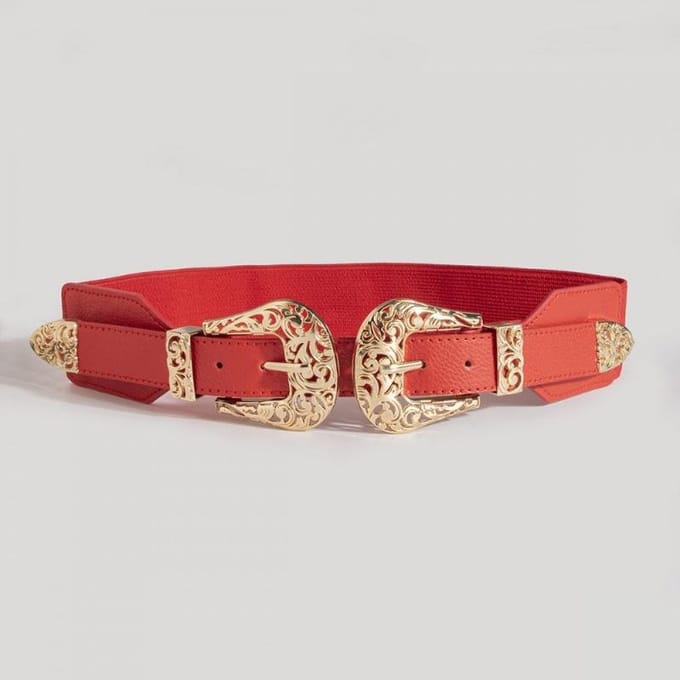 Ceinture Élastique Large à Double Boucle Creuse Sculptée Rétro pour Femme Accessoire de Mode Ceinture Polyvalente pour Marquer la Taille 115CM rouge