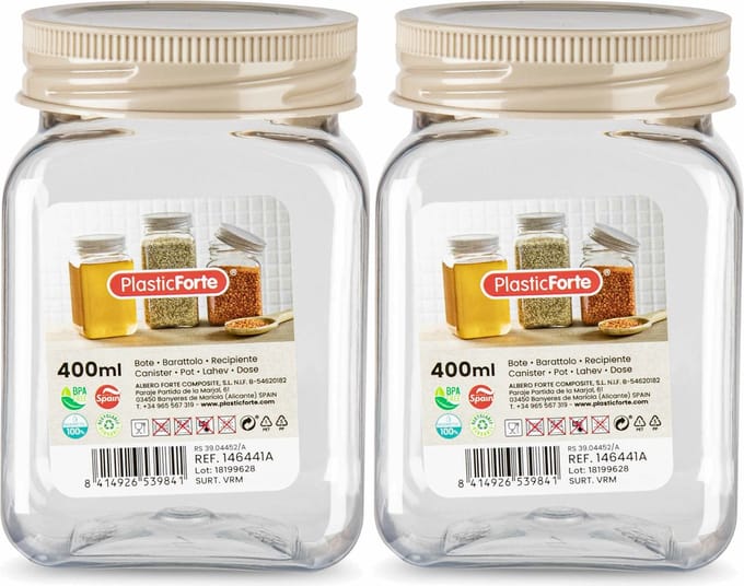 PlasticForte Voorraadpot/bewaarpot - 2x - 400 ml - kunststof - beige - B7 x H11 cm