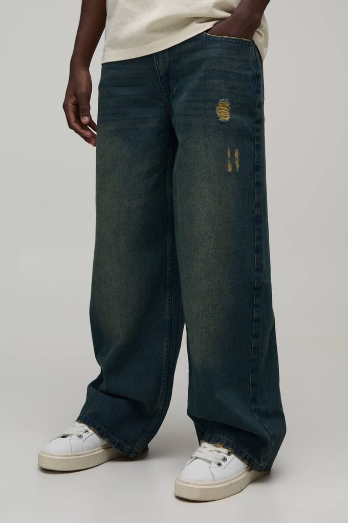 Groengekleurde Baggy Distressed Jeans | Green | Size 32
