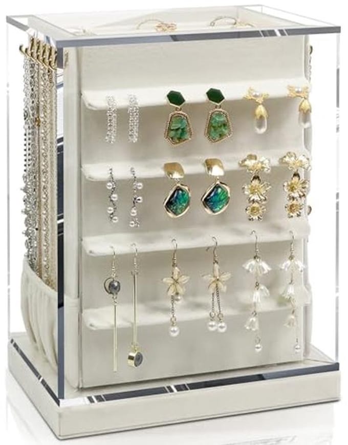 Rotatable Jewellery Storage Box with 5 Drawers - Large Vertical Organizer in Beige
