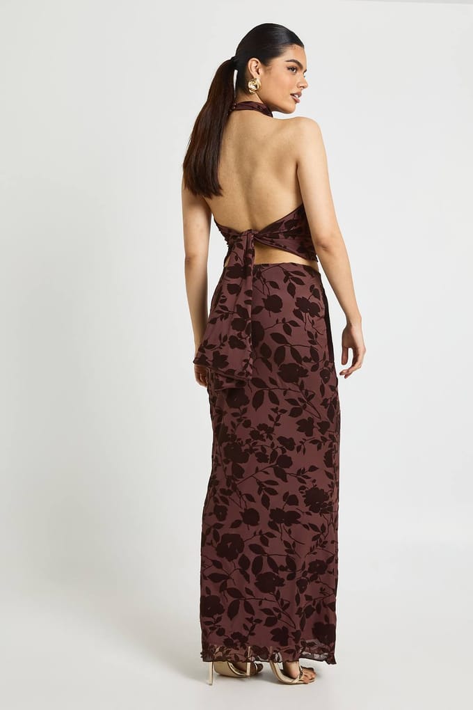 boohoo Dames Bloemen Devore Maxi Rok | Chocolate | Maat: 6