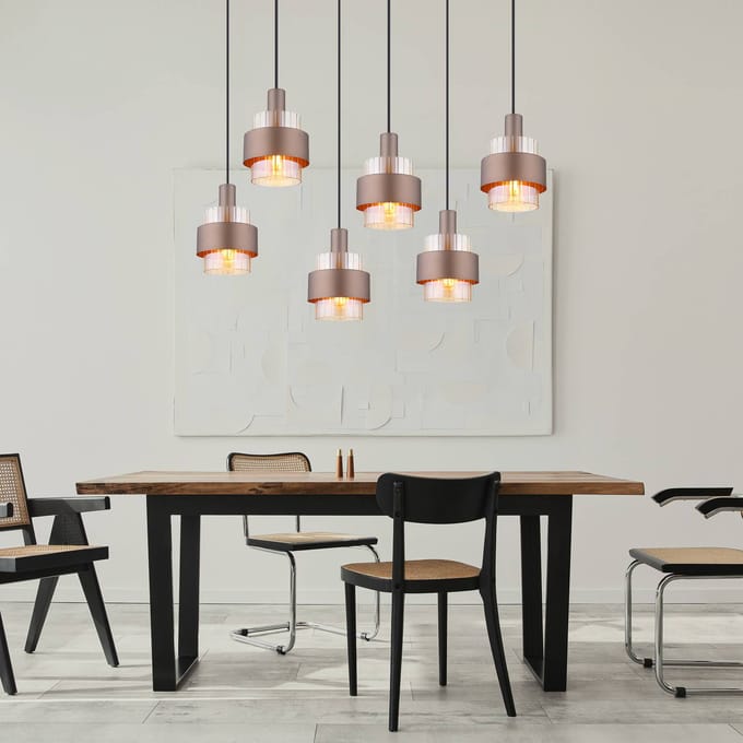 Globo Hanglamp Milley, lengte 96 cm, bronskleurig, 6-lamps, metaal