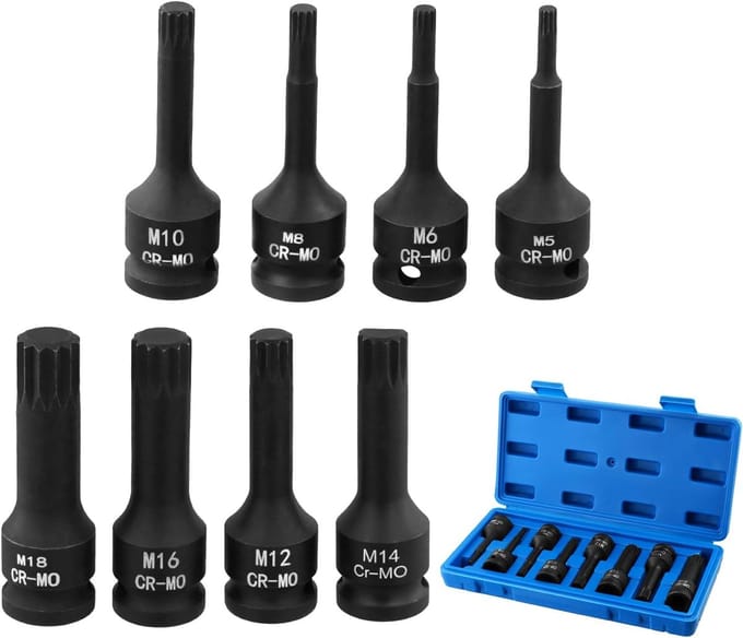 Set van 8 slagmoersleuteldoppen met bits van M5 tot M18