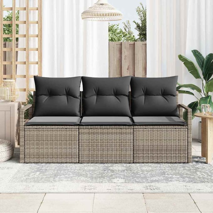 vidaXL Tuinbank Set met kussen met opslag 3 pcs Grijs poly rattan